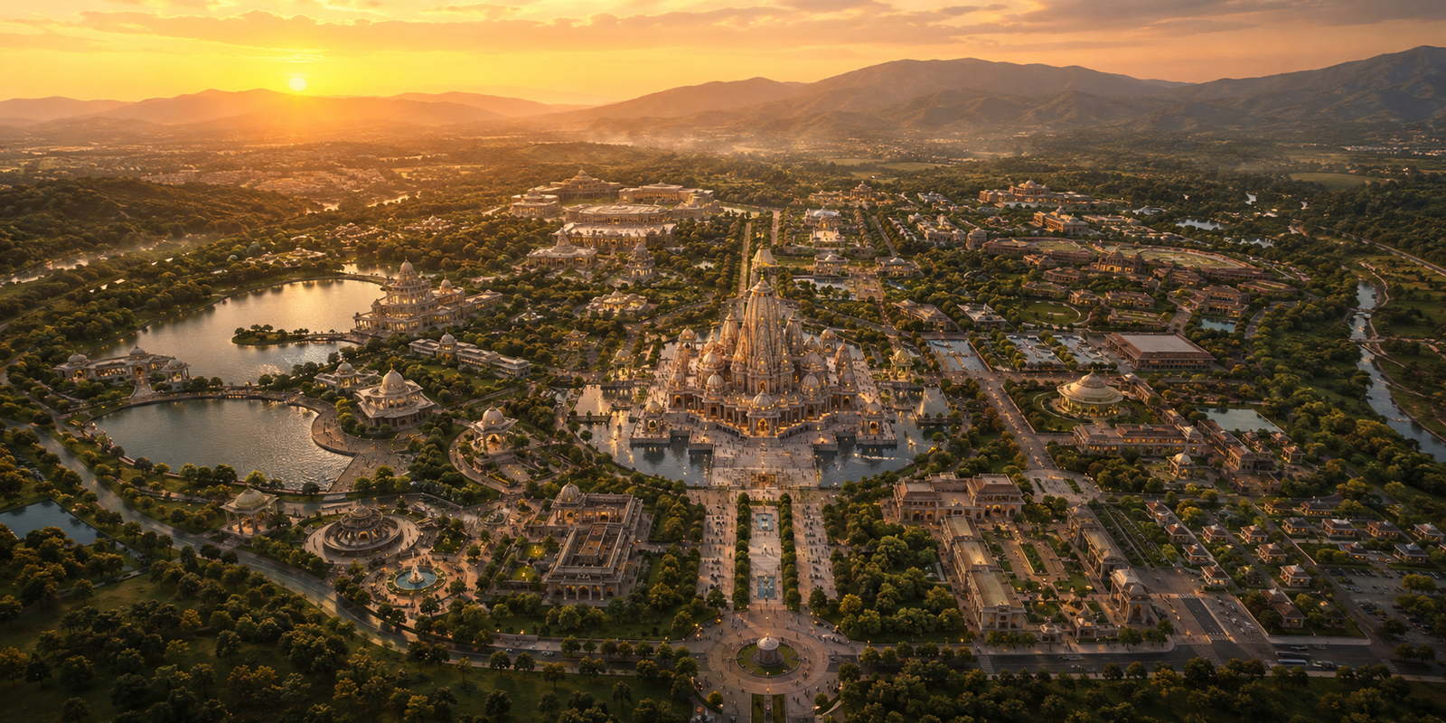 Aerial concept visualisation of the envisioned 500-acre Punyabhoomi masterplan