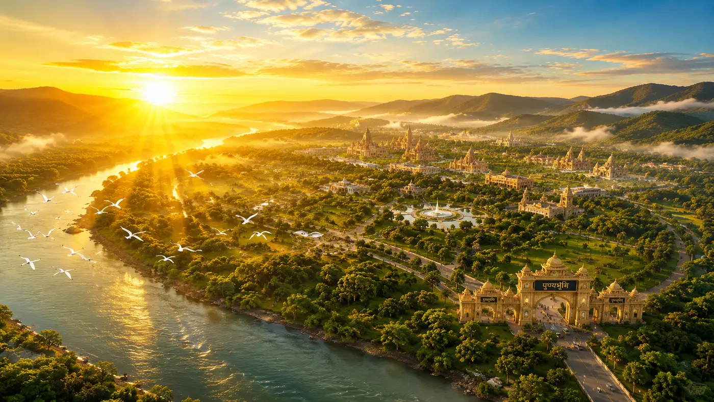 Concept visualisation of the river bend and campus at dawn, seen from above