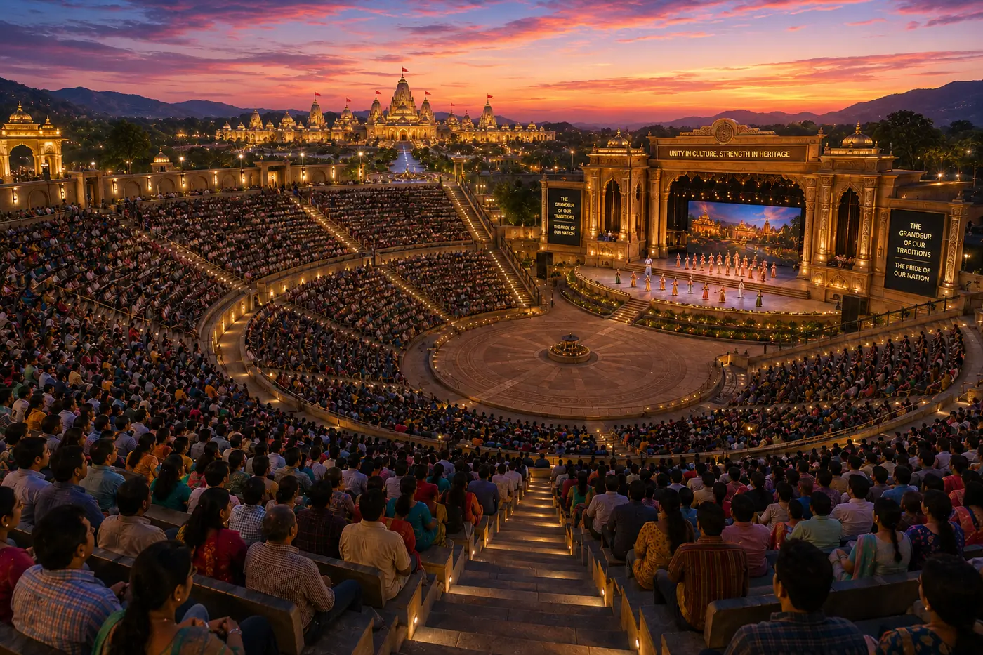 Concept visualisation of the open-air amphitheatre at dusk