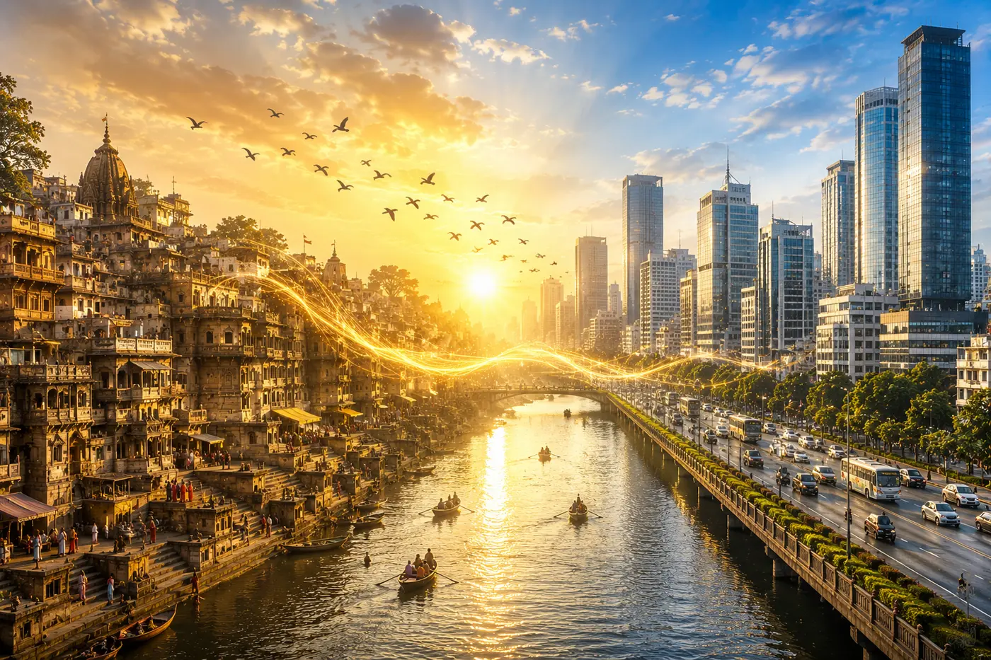 Concept visualisation of ancient ghats and a modern skyline joined by one river