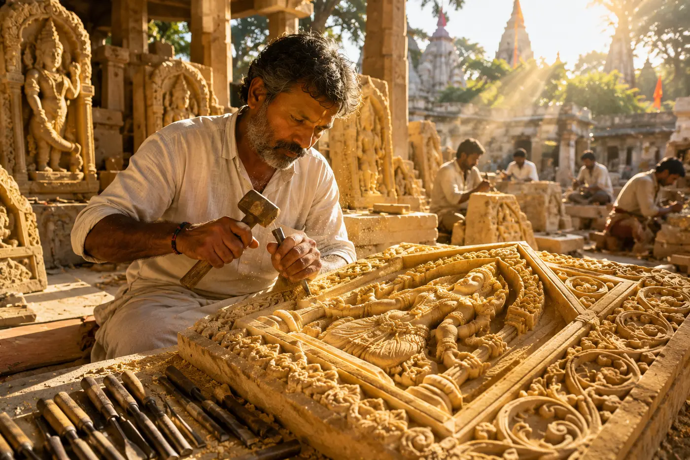 Concept visualisation of a master artisan hand-carving temple stonework
