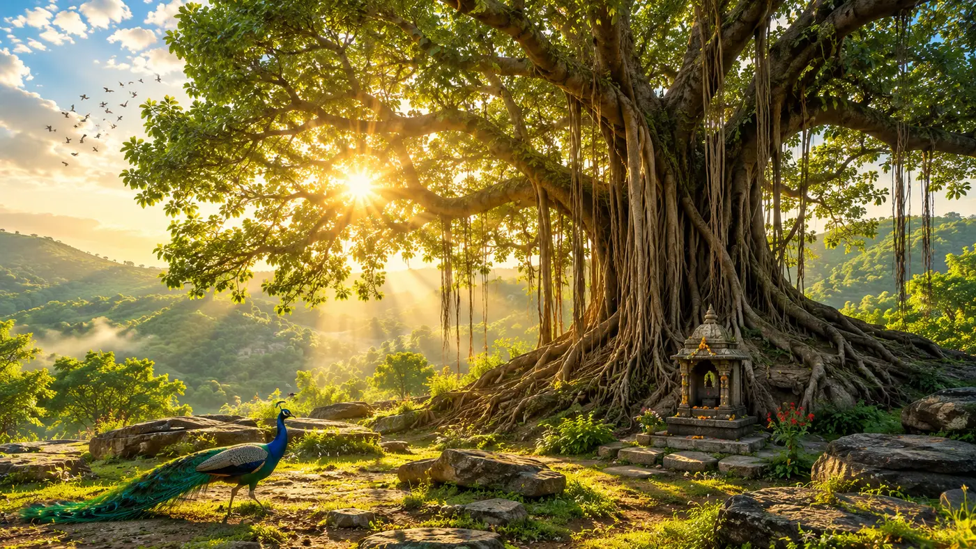 Concept visualisation of an ancient banyan tree with a shrine and peacock