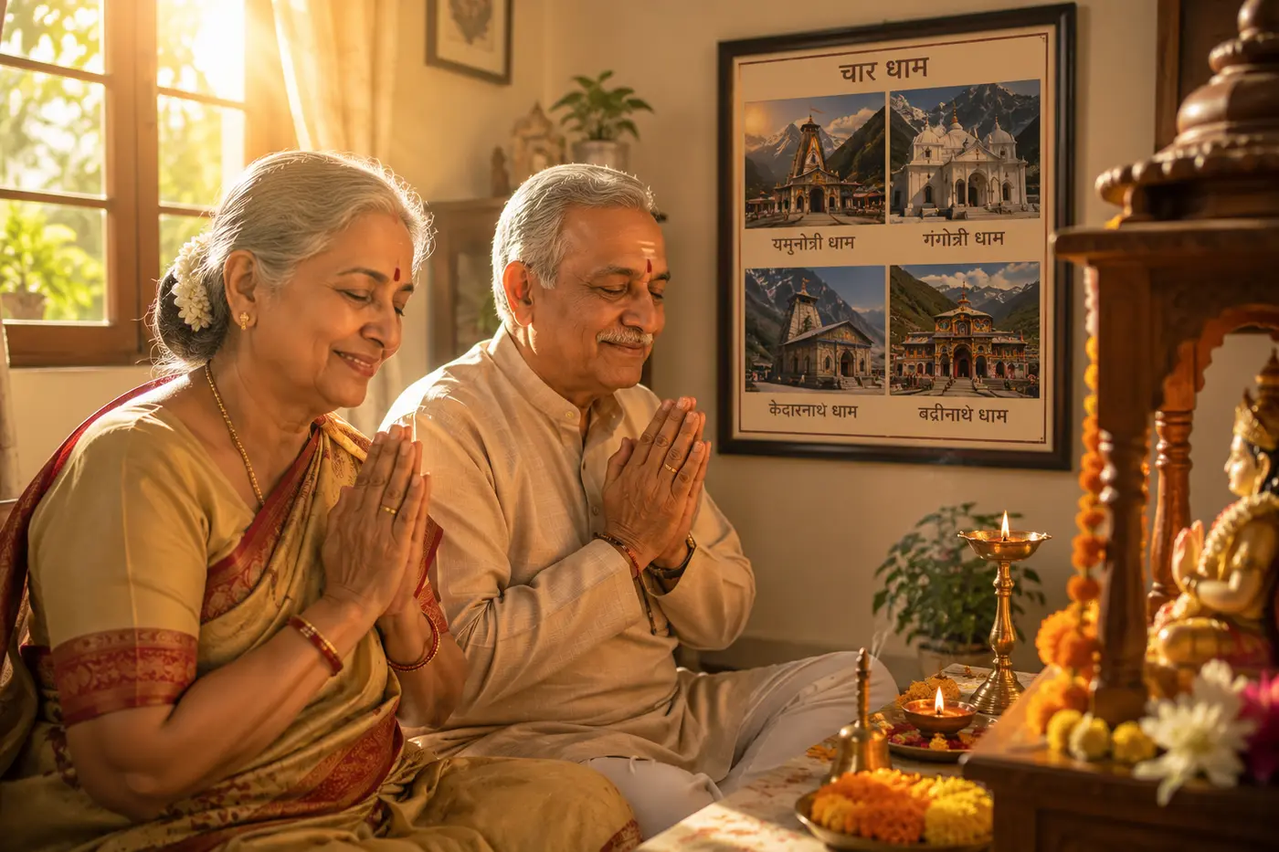 Concept visualisation of an elderly couple at prayer before their Char Dham yatra