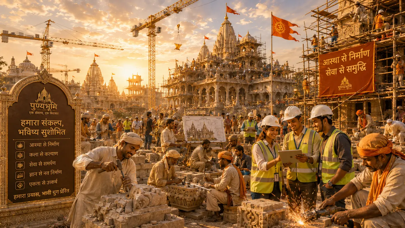Concept visualisation of craftsmen and engineers building Punyabhoomi