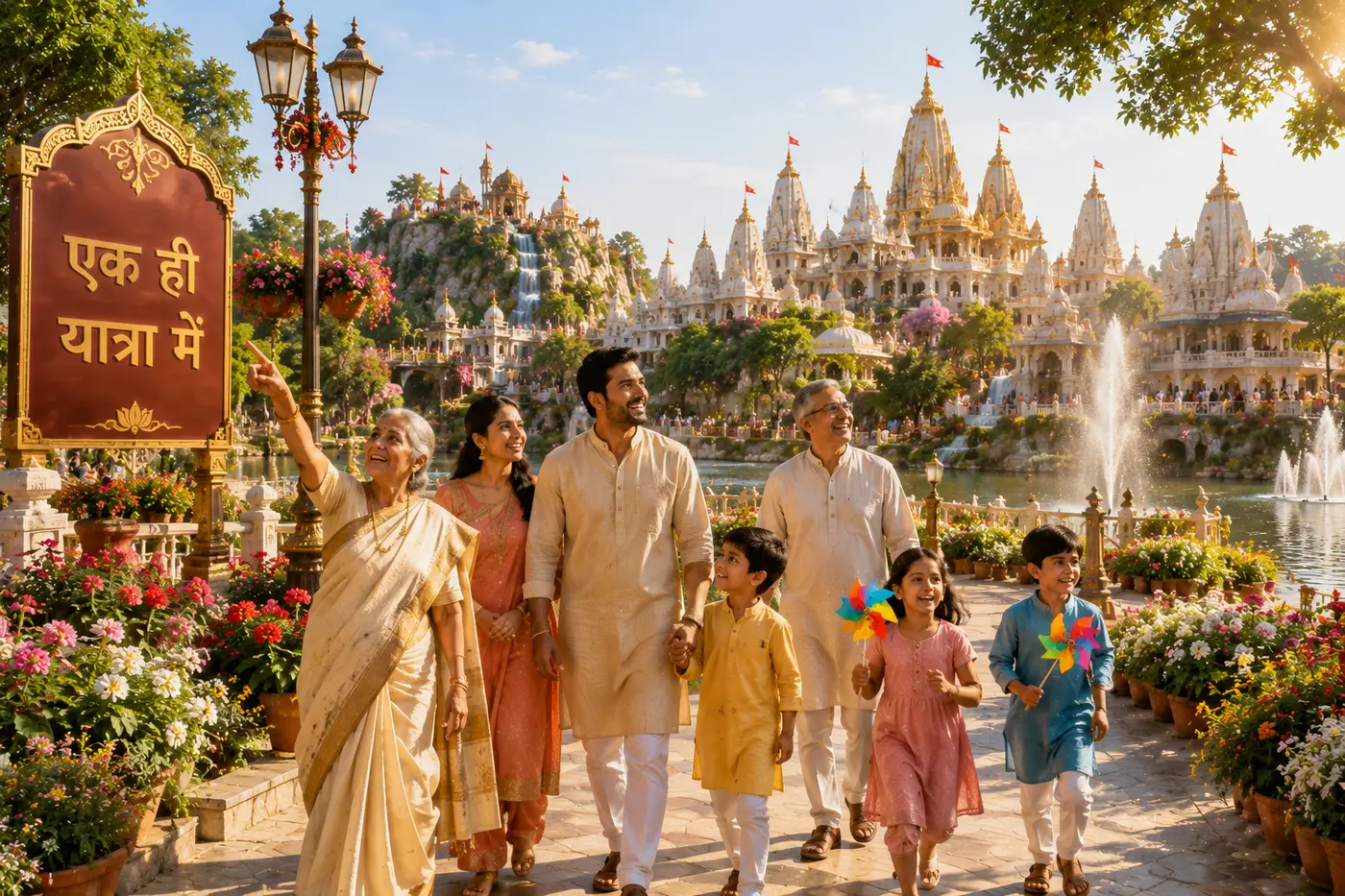 Concept visualisation of a family beginning their single yatra through every dham