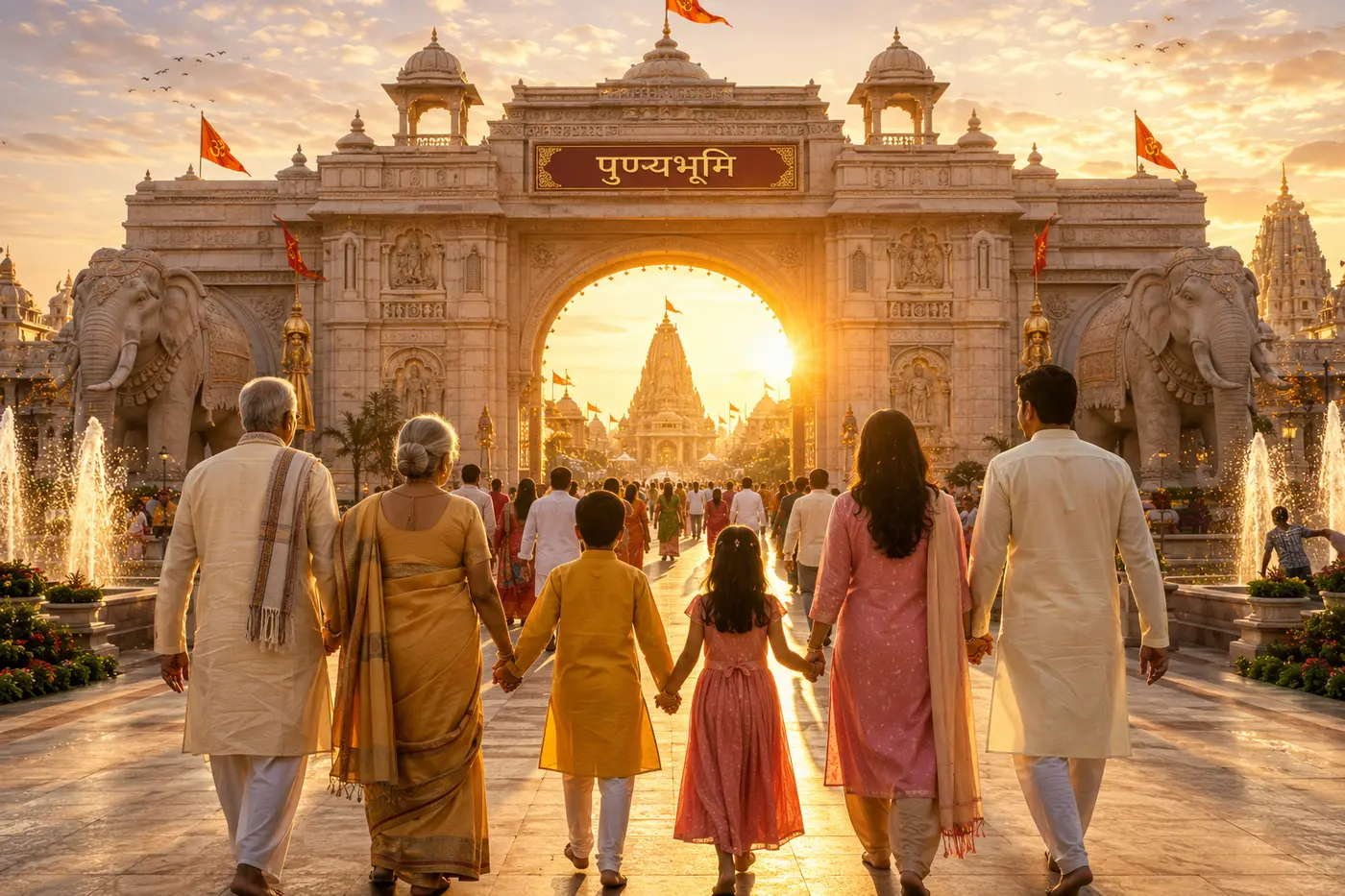 Concept visualisation of a family walking together toward the Punyabhoomi gateway at sunset
