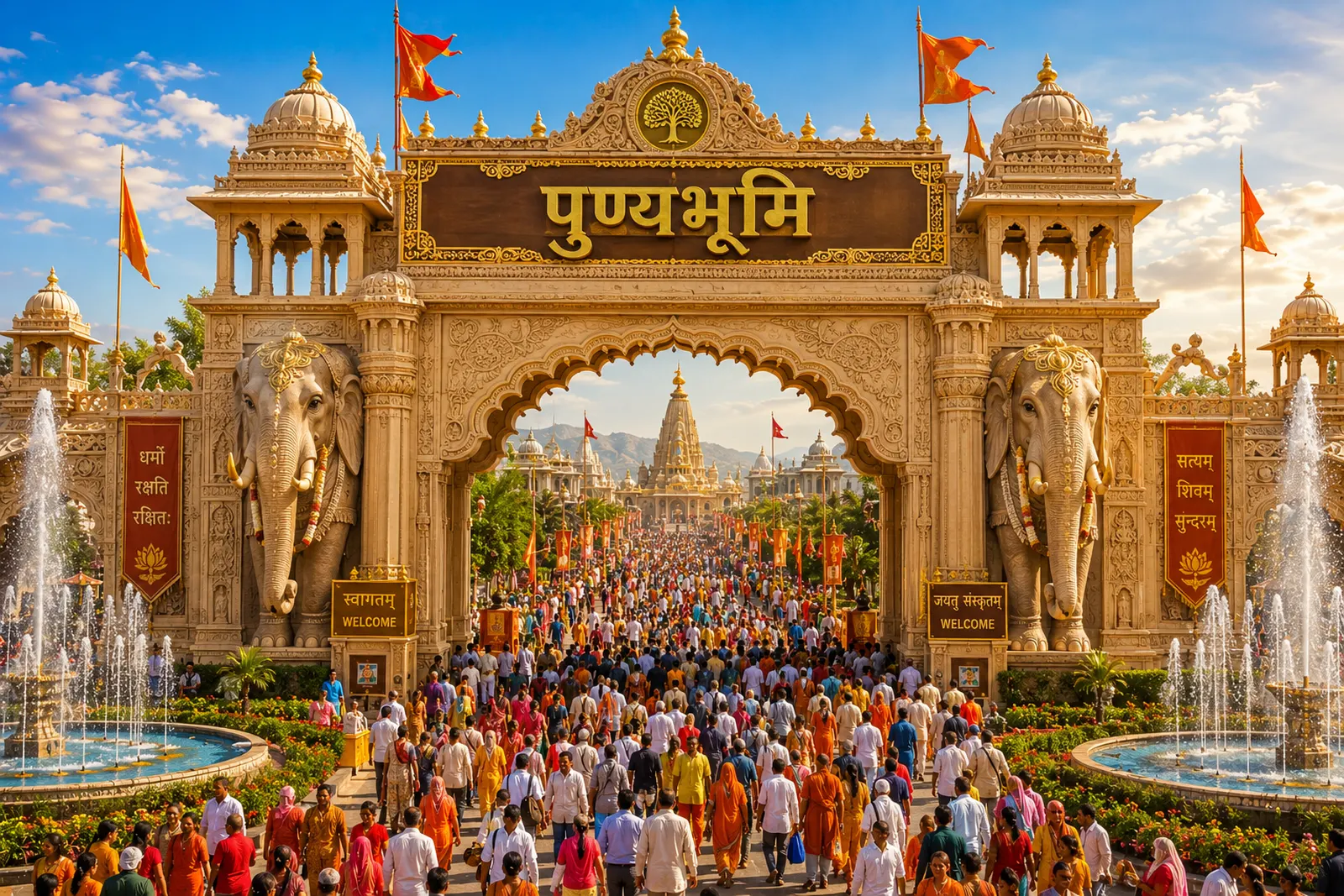 Concept visualisation of the grand Punyabhoomi gateway with devotees arriving at golden hour