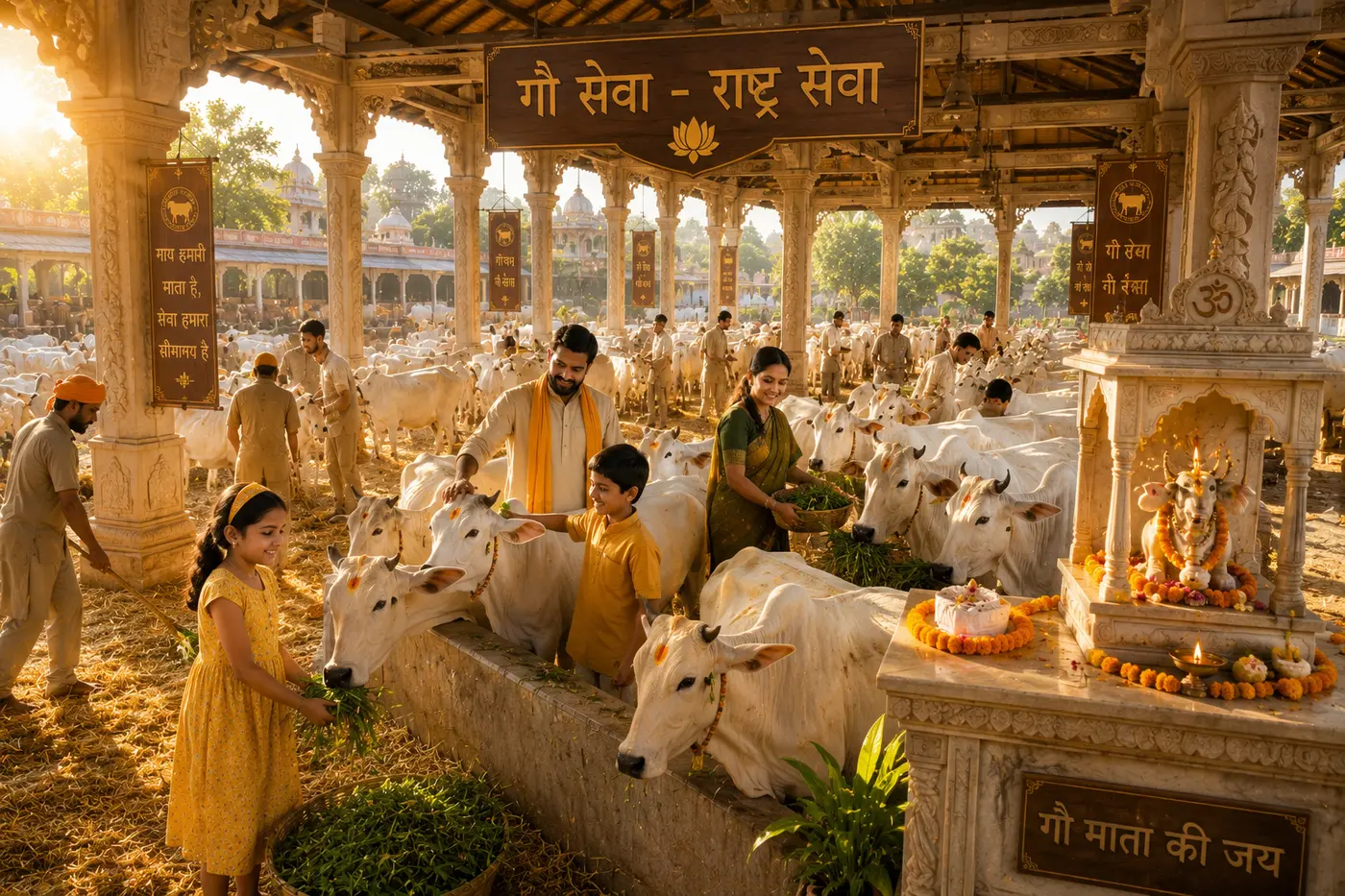 Concept visualisation of the gau-shala where families take part in gau seva