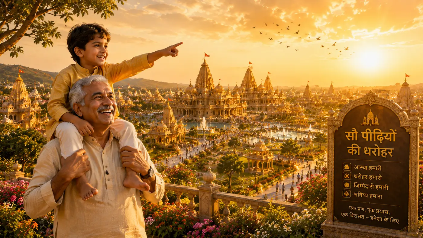 Concept visualisation of a grandfather and grandchild overlooking Punyabhoomi — a heritage for a hundred generations