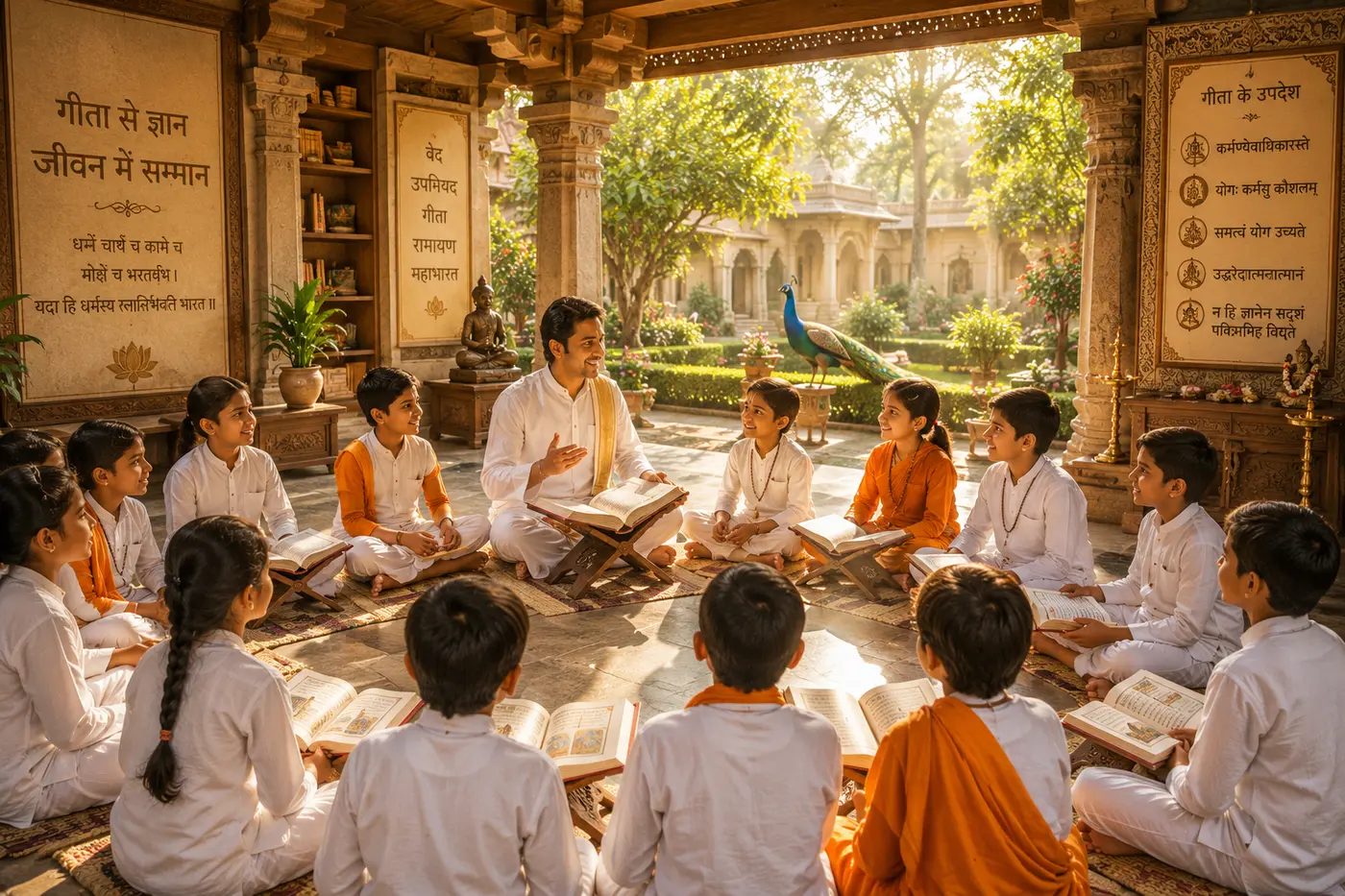 Concept visualisation of open-air Gita learning in the gurukul garden