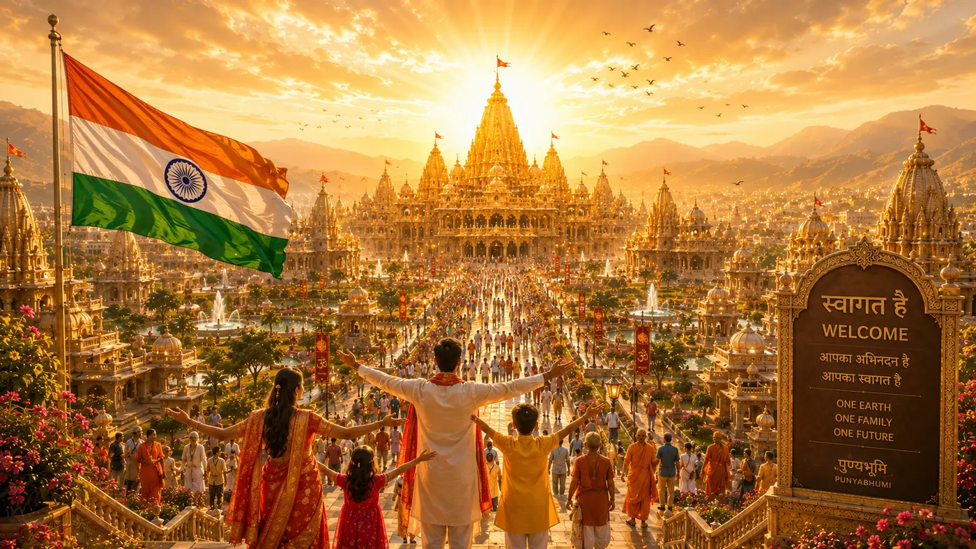 Concept visualisation of devotees with the tricolour before the golden temple city