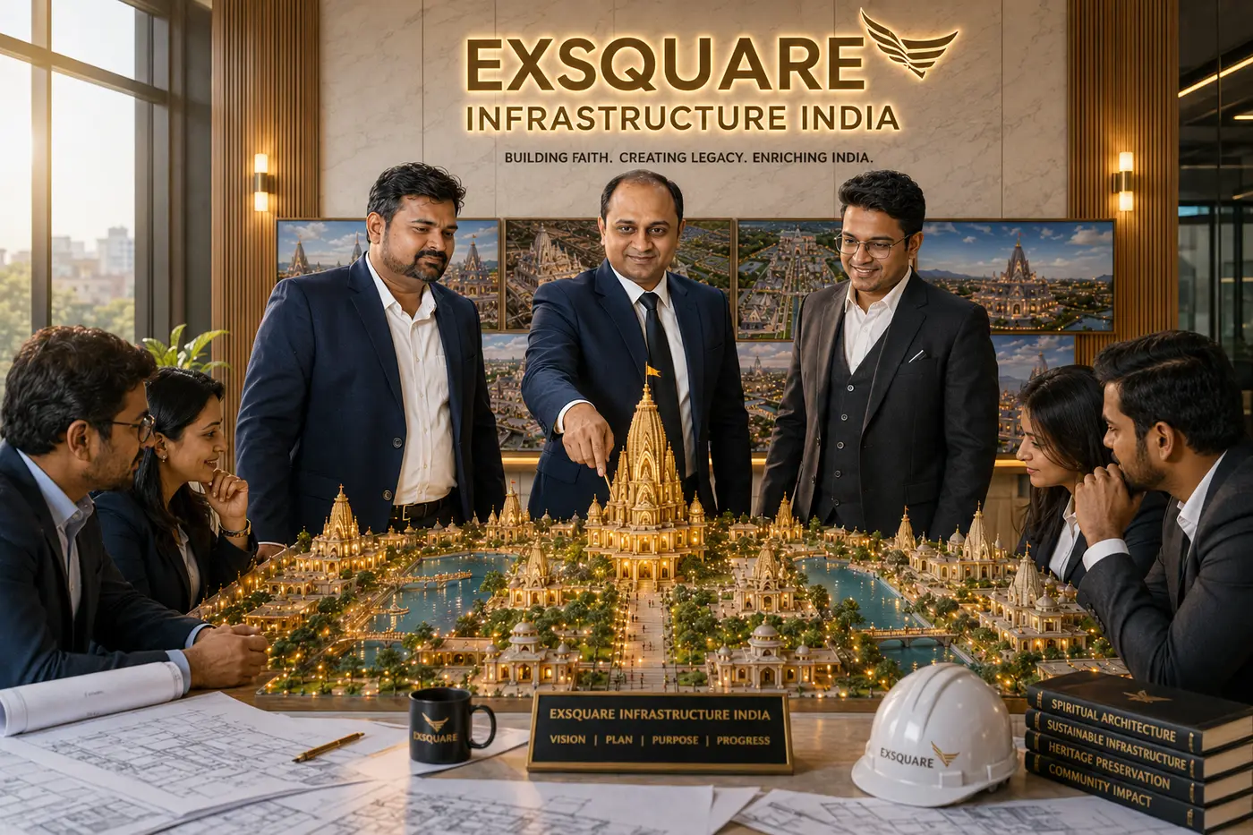 Concept visualisation of the Punyabhoomi masterplan model being reviewed by the development team