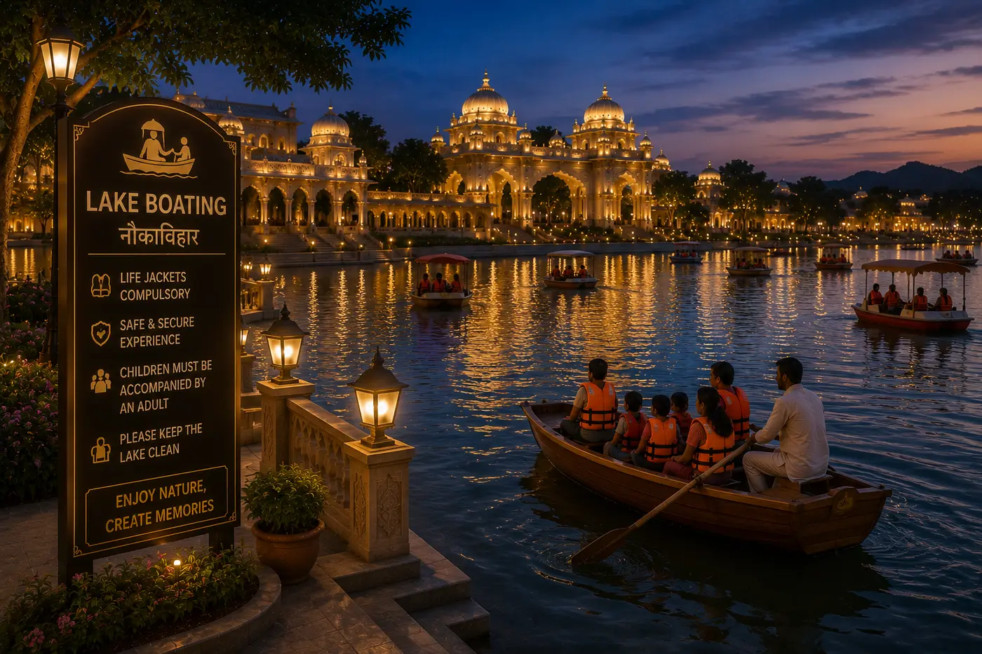 Concept visualisation of evening lake boating beside the illuminated ghats