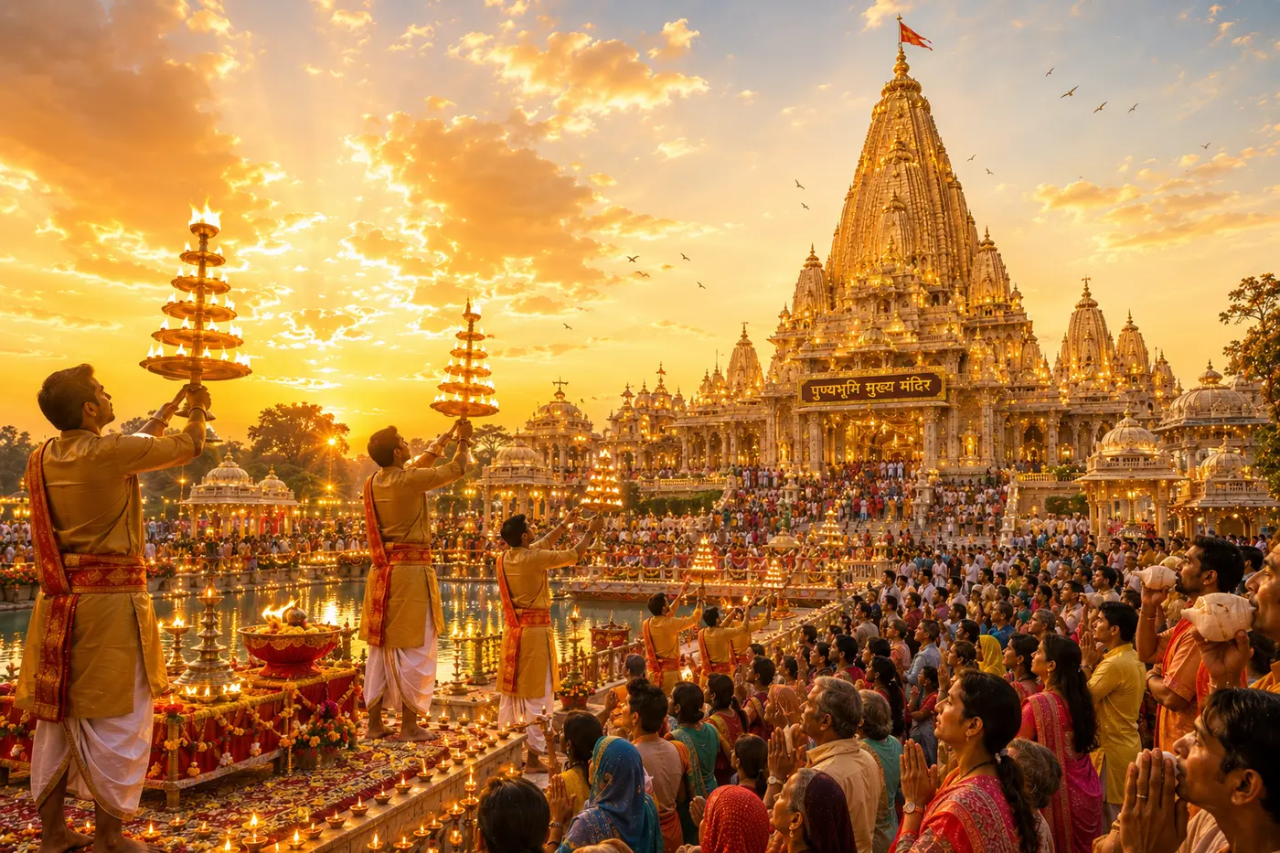 Concept visualisation of the evening maha-aarti with thousands of lamps
