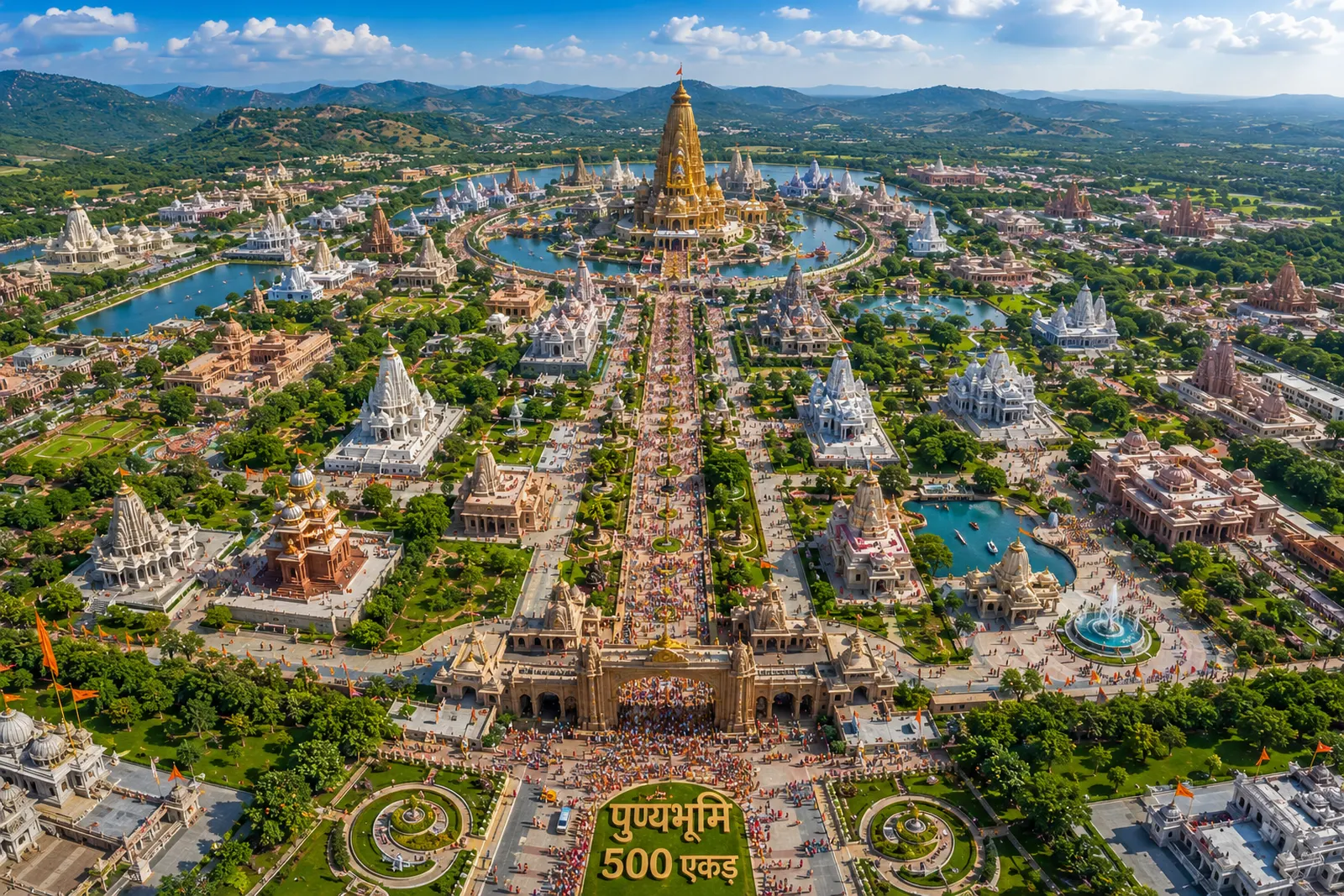 Concept visualisation of the 500-acre Punyabhoomi masterplan from the air