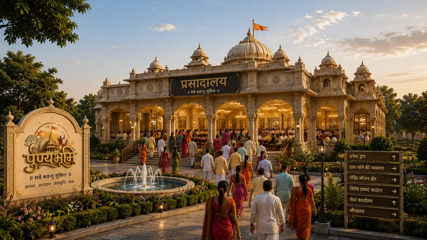 Concept visualisation of the prasadalaya courtyard at dusk