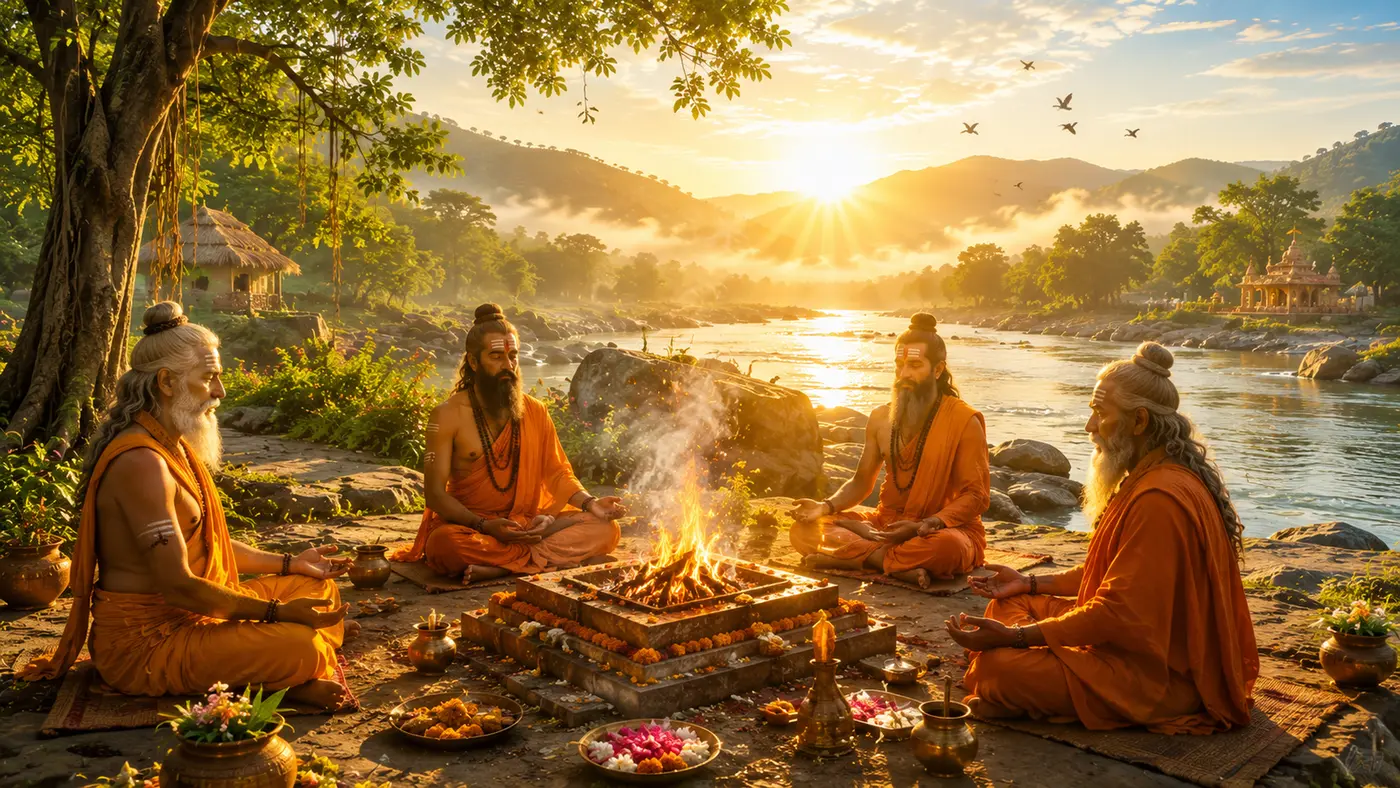 Concept visualisation of sages performing a riverside yagna at dawn