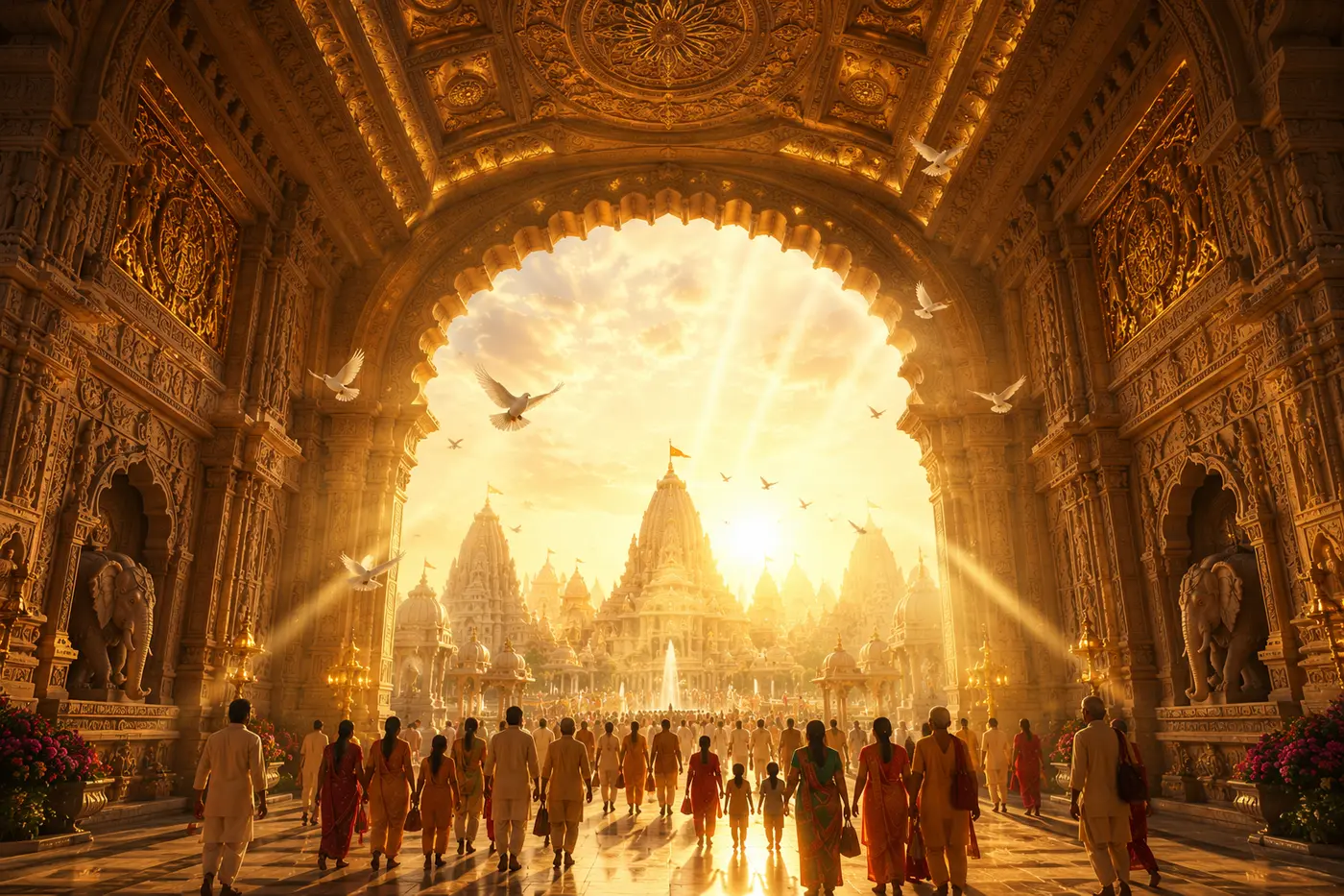 Concept visualisation of a monumental carved temple corridor filled with golden light