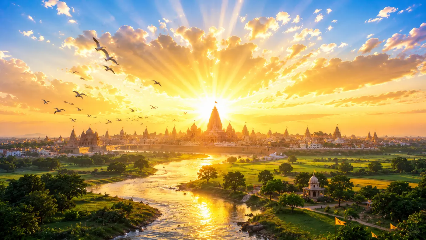 Concept visualisation of sunrise over the temple city valley