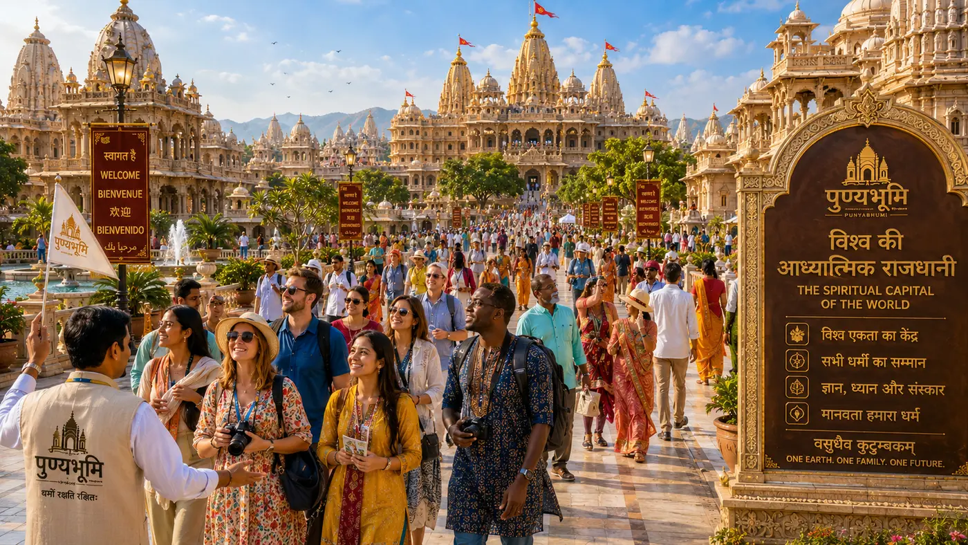 Concept visualisation of visitors from around the world being welcomed