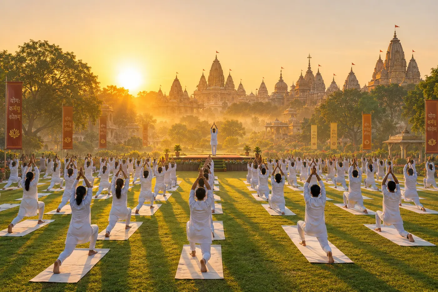 Concept visualisation of a sunrise yoga gathering on the great lawns